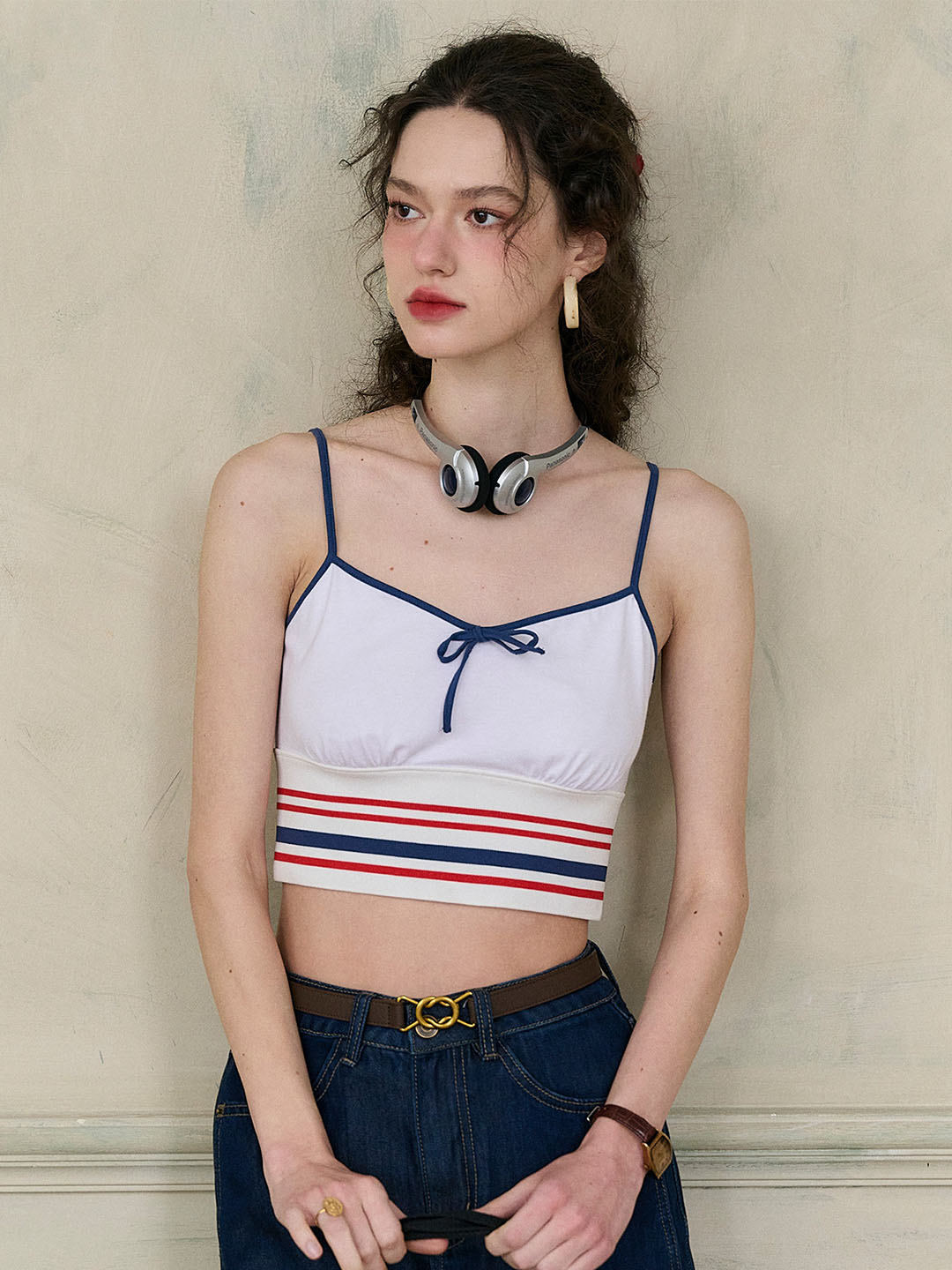 【Final Sale】Jessica Small V-neck Contrast Bow Striped Cotton Camisole Top