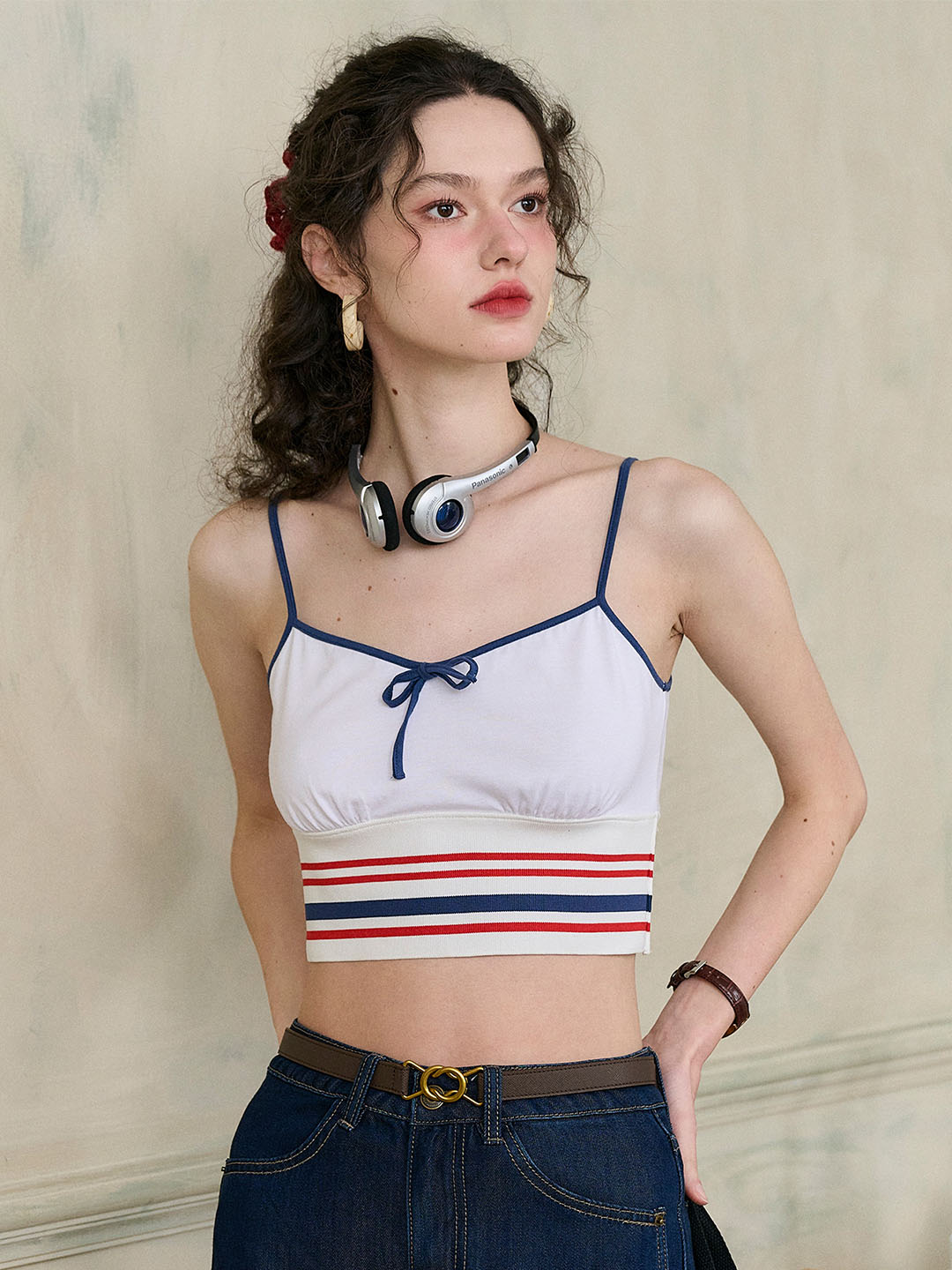 【Final Sale】Jessica Small V-neck Contrast Bow Striped Cotton Camisole Top