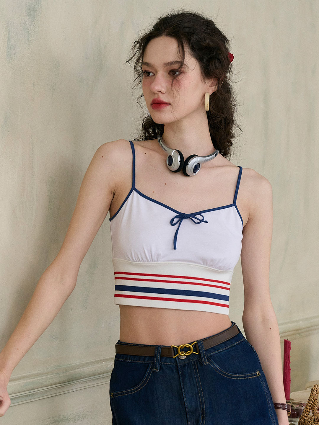 (Add-on Item) Jessica Small V-neck Contrast Bow Striped Cotton Camisole Top