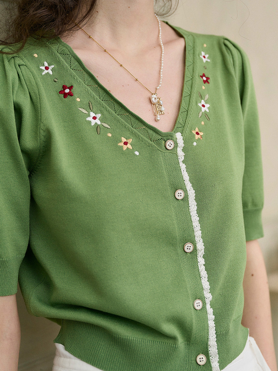 【Final Sale】Bella V-Neck Embroidery Knit Blouse