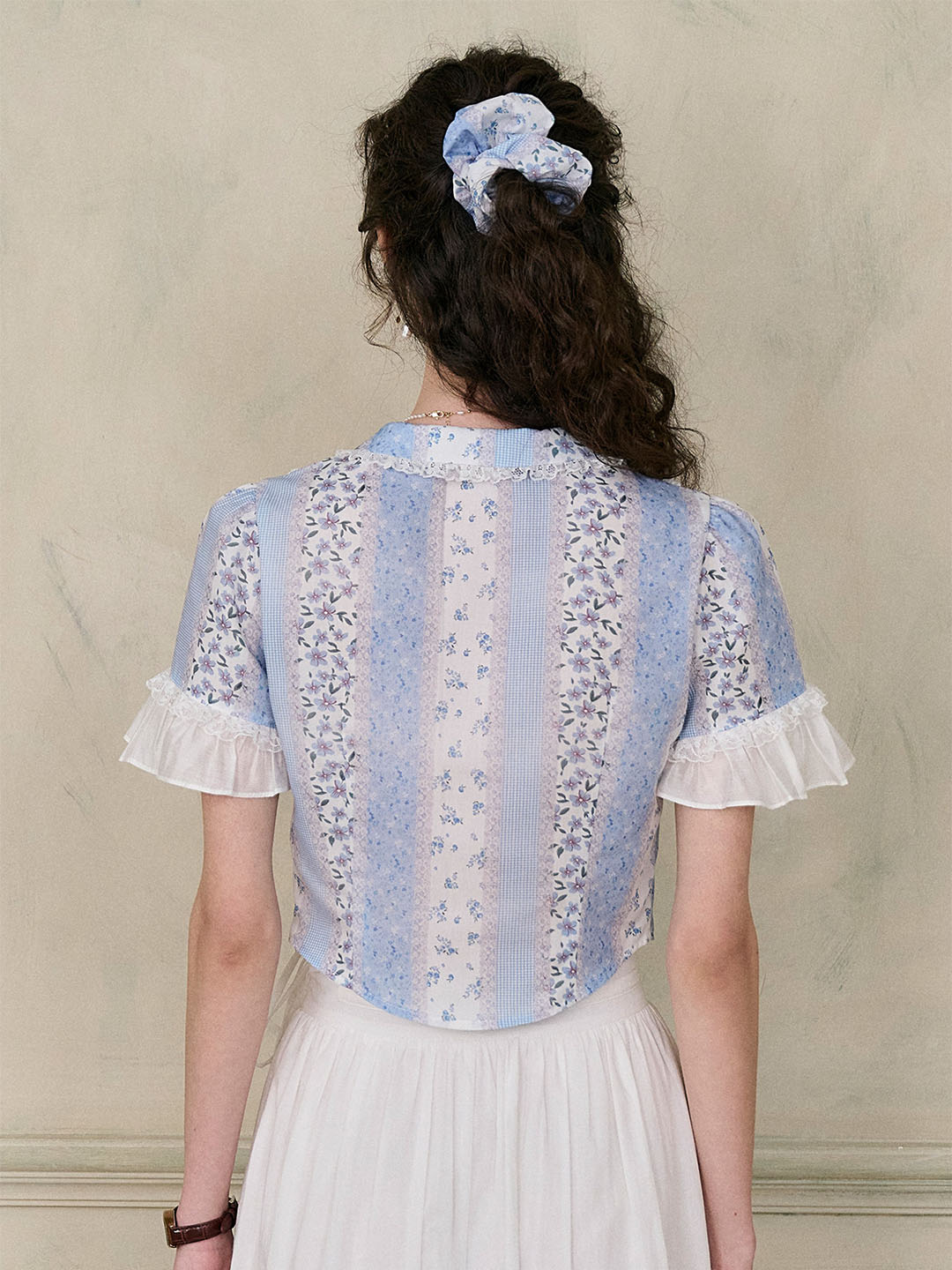 【Final Sale】Maliyah Dolly Collar Lace Floral Contrast Ruffle Sleeve Patchwork Top