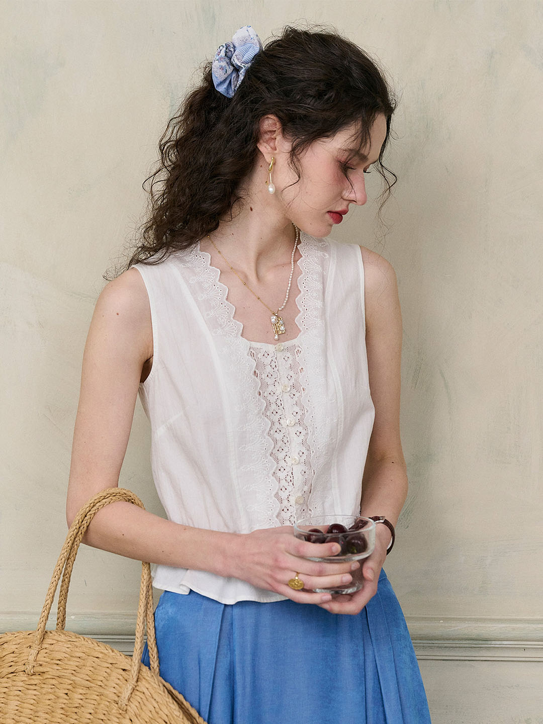 Mira Wave Lace Square Neck Embroidered Ruffle Hem Sleeveless Cotton Top