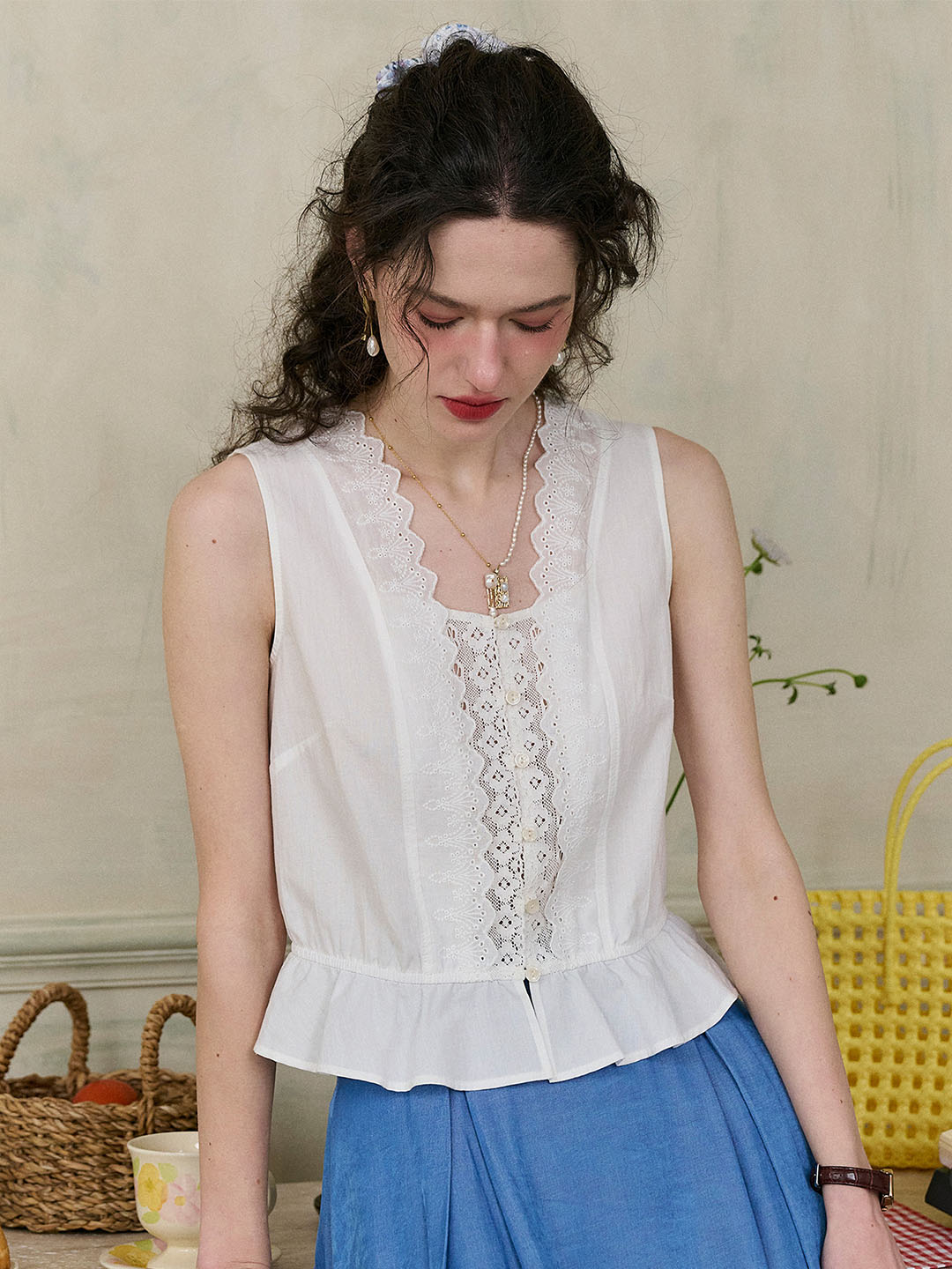 Mira Wave Lace Square Neck Embroidered Ruffle Hem Sleeveless Cotton Top