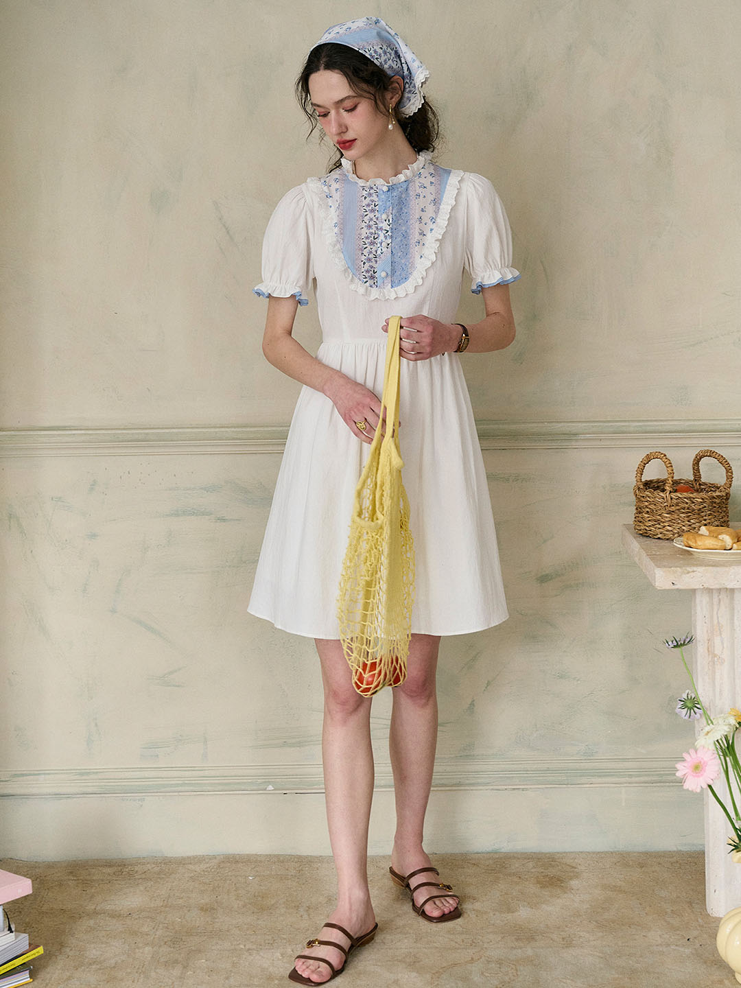 【Final Sale】Katie Lace Round Neck Striped Floral Contrast Puff Sleeve Patchwork  Cotton Dress