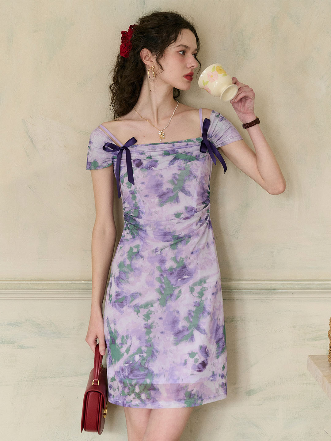 Jacqueline Floral Print Off-The-Shoulder Contrast Bow Slip Dress