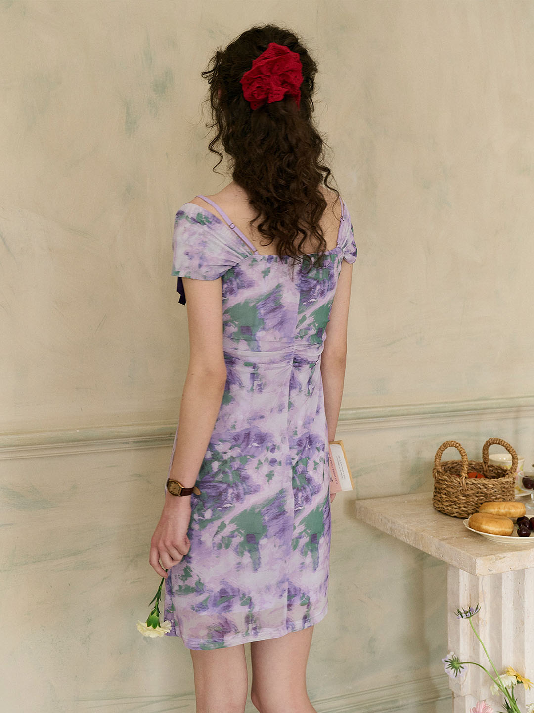 【Final Sale】Jacqueline Floral Print Off-The-Shoulder Contrast Bow Slip Dress