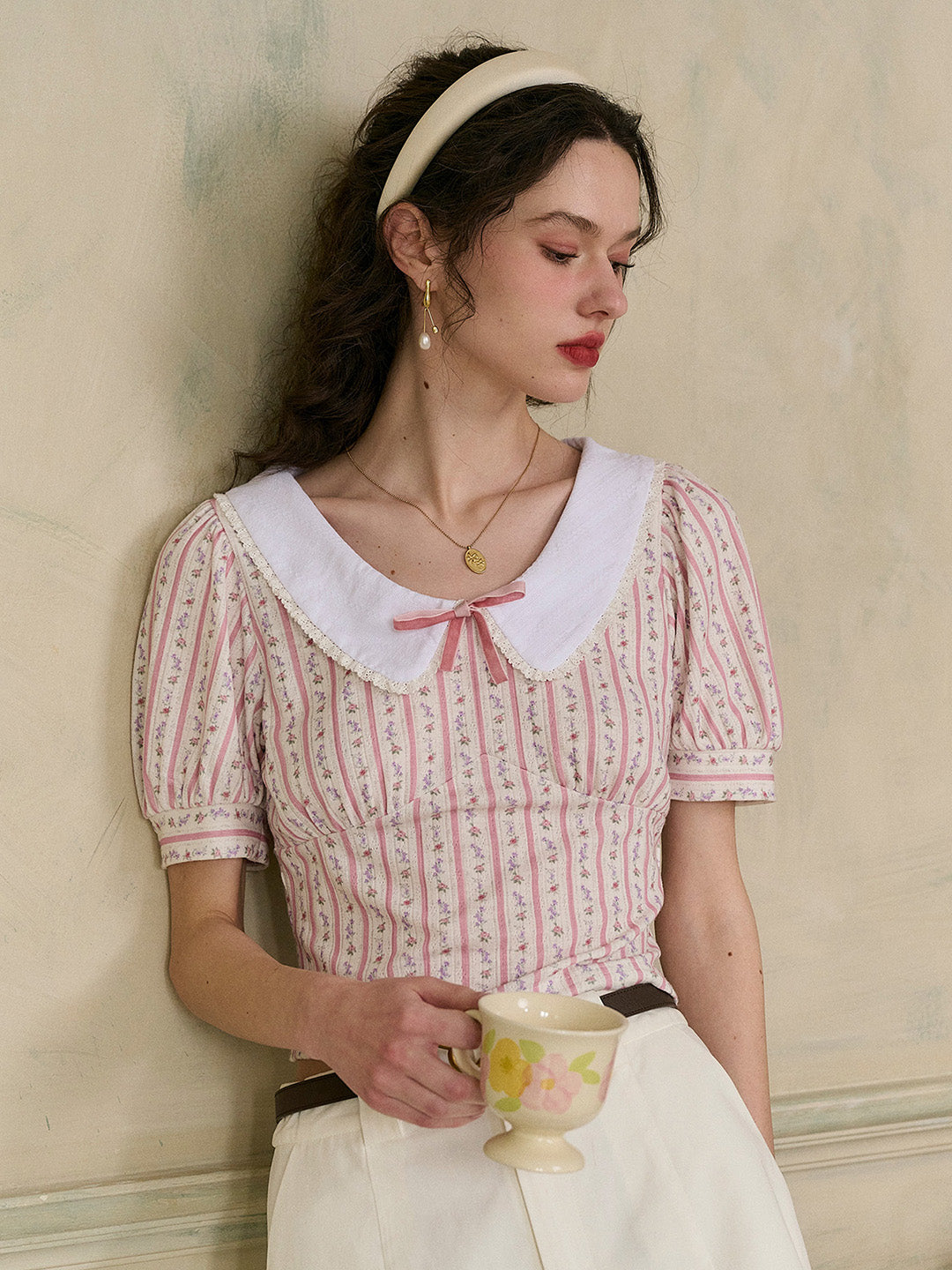 【Final Sale】Madalyn Doll Collar Floral Bow Stripe Puff Sleeves Fit Top