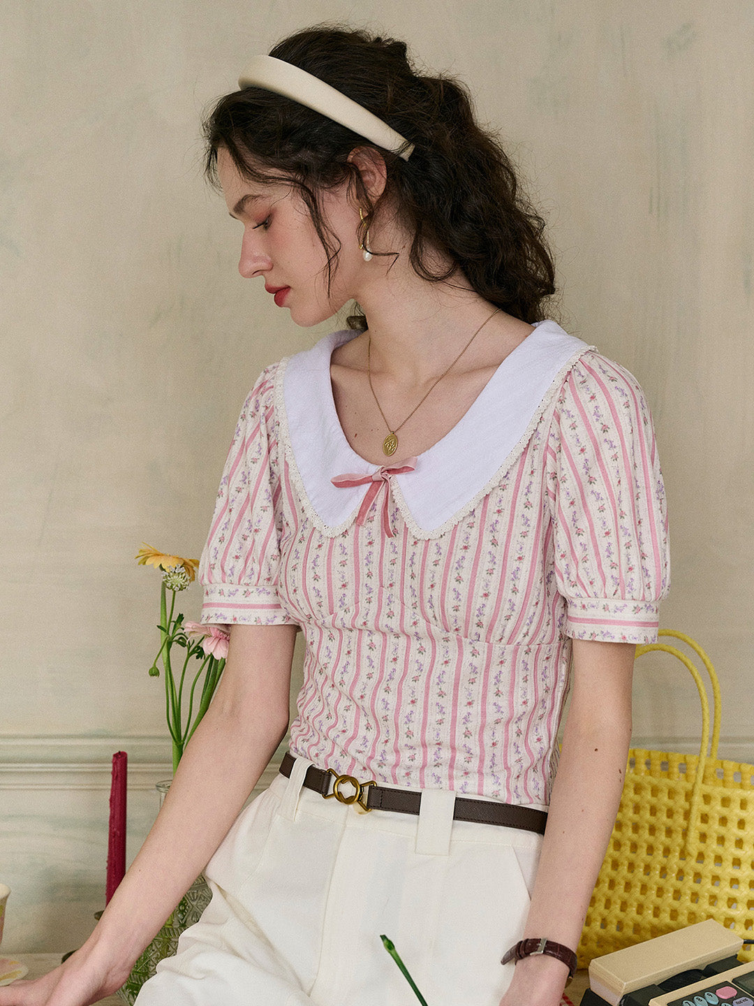 【Final Sale】Madalyn Doll Collar Floral Bow Stripe Puff Sleeves Fit Top