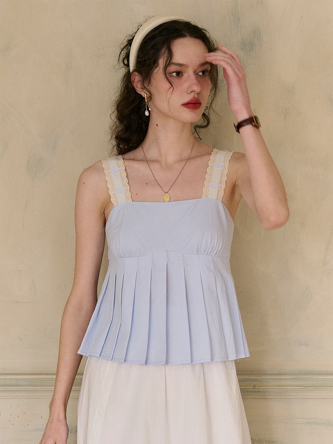 Kora Square Neck Lace Contrast Pleated Cotton Camisole Top