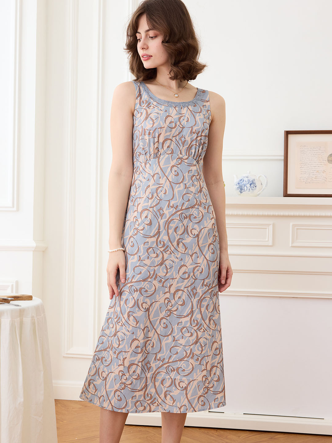 【Final Sale】Greta Allover Print Contrast Lace Tank Dress