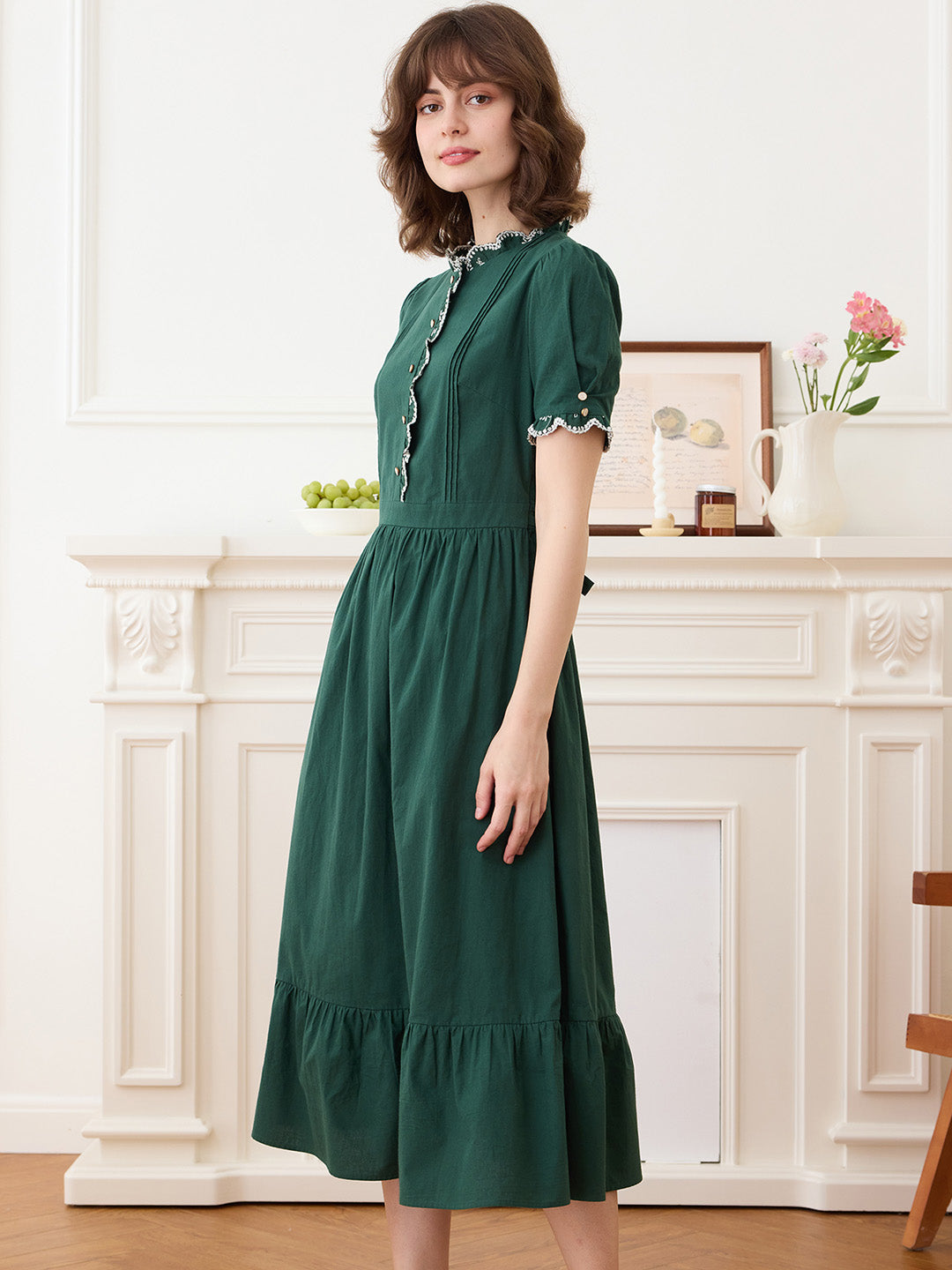 Romina Cotton Vintage Embroidered Green Dress