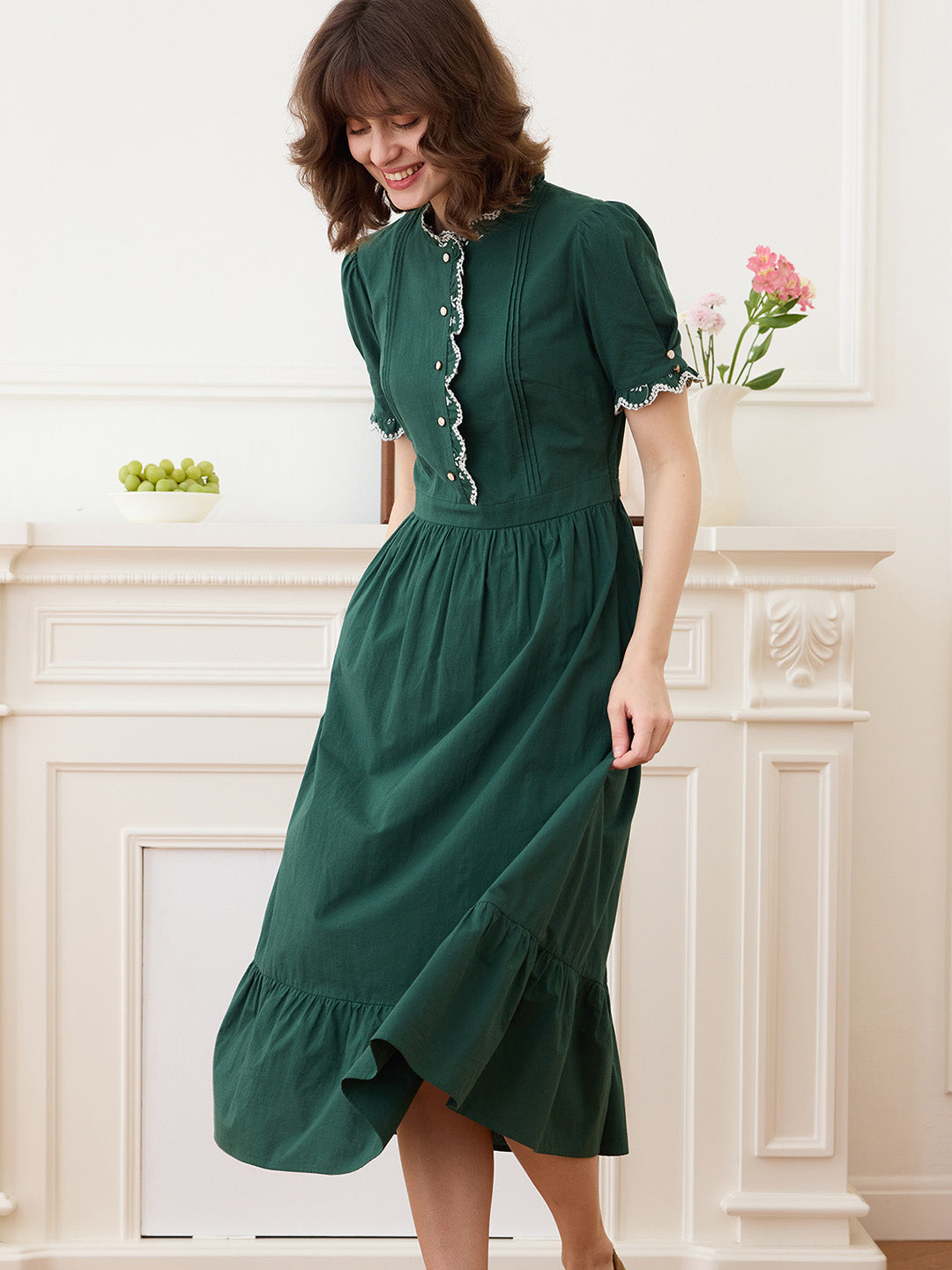 Romina Cotton Vintage Embroidered Green Dress