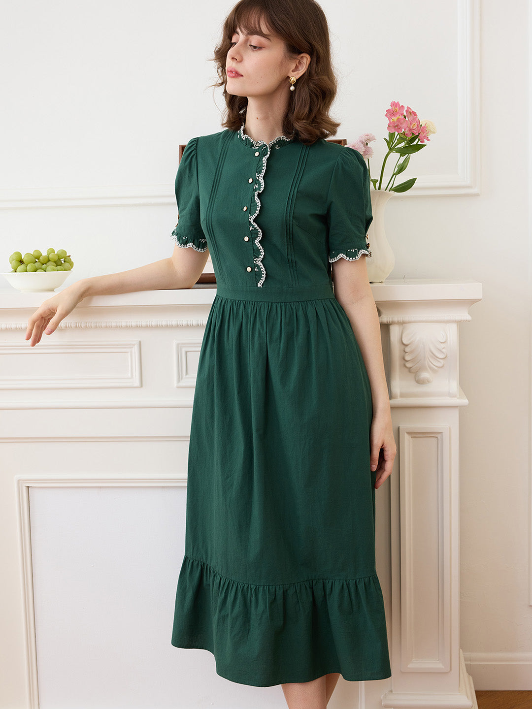 【Final Sale】Romina Cotton Vintage Embroidered Green Dress