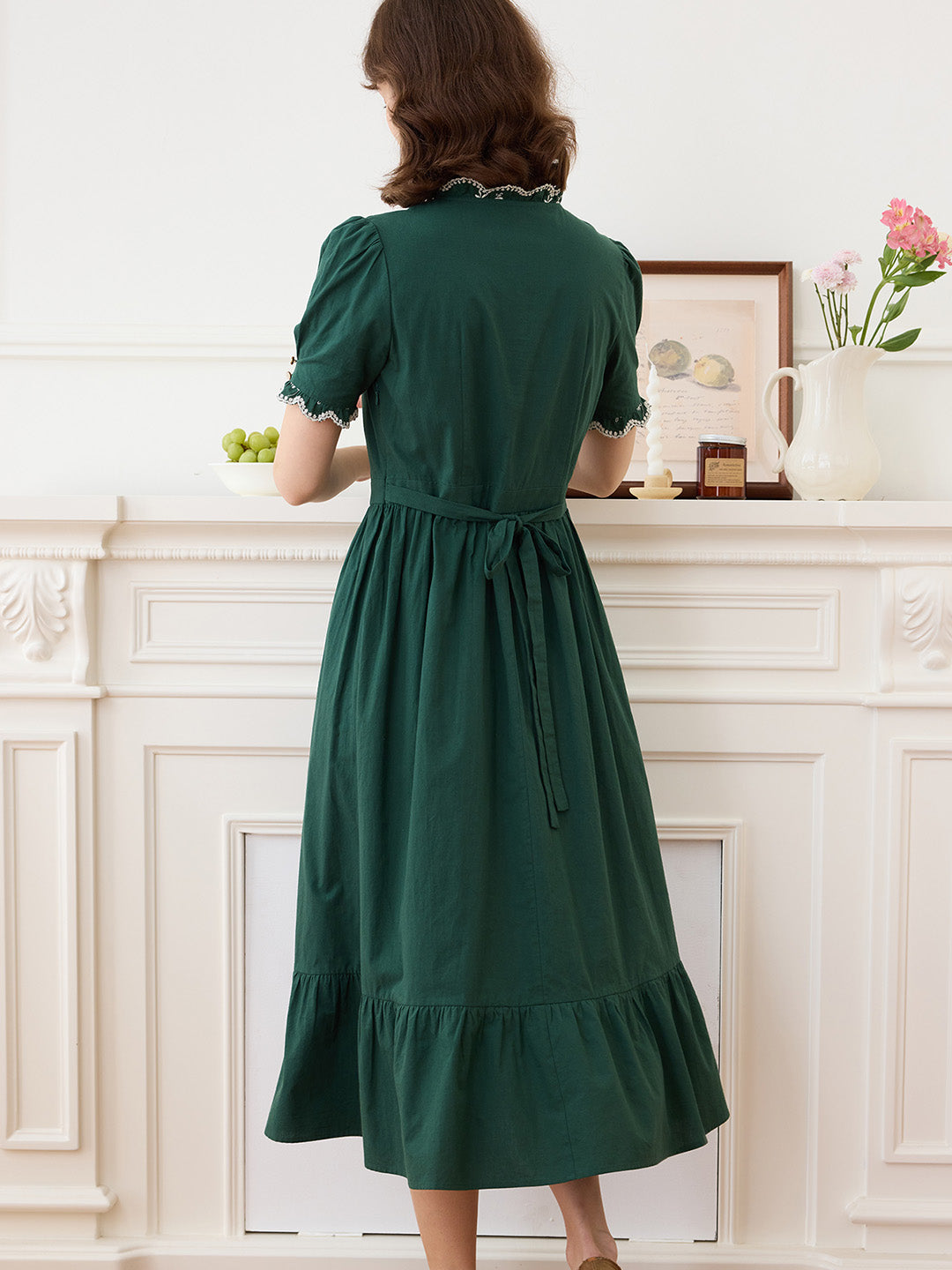 Romina Cotton Vintage Embroidered Green Dress