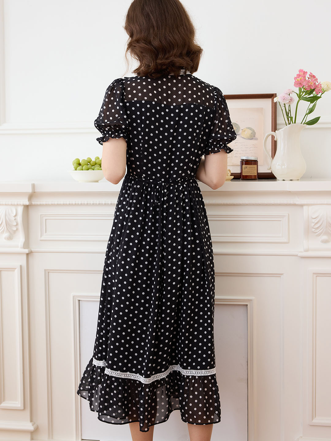 【Final Sale】Annika Polka Dot Print Mock Neck Puff Sleeve Chiffon Dress