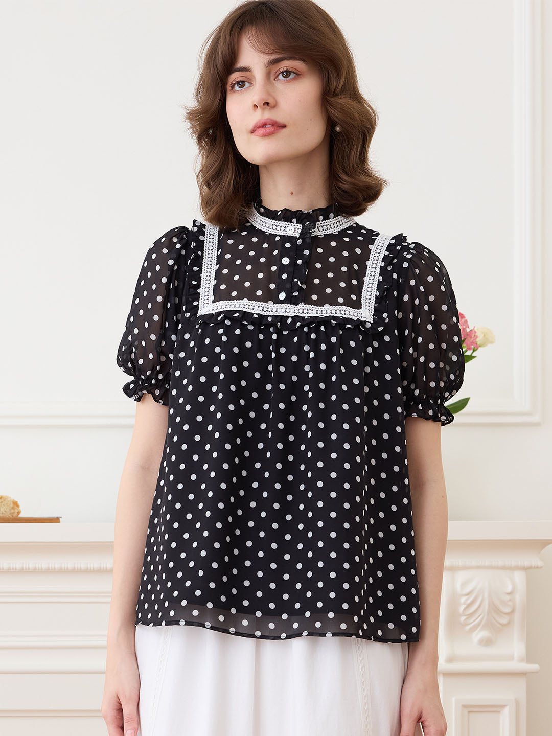 【Final Sale】Natasha Polka Dot Print Mock Neck Puff Sleeve Chiffon Blouse