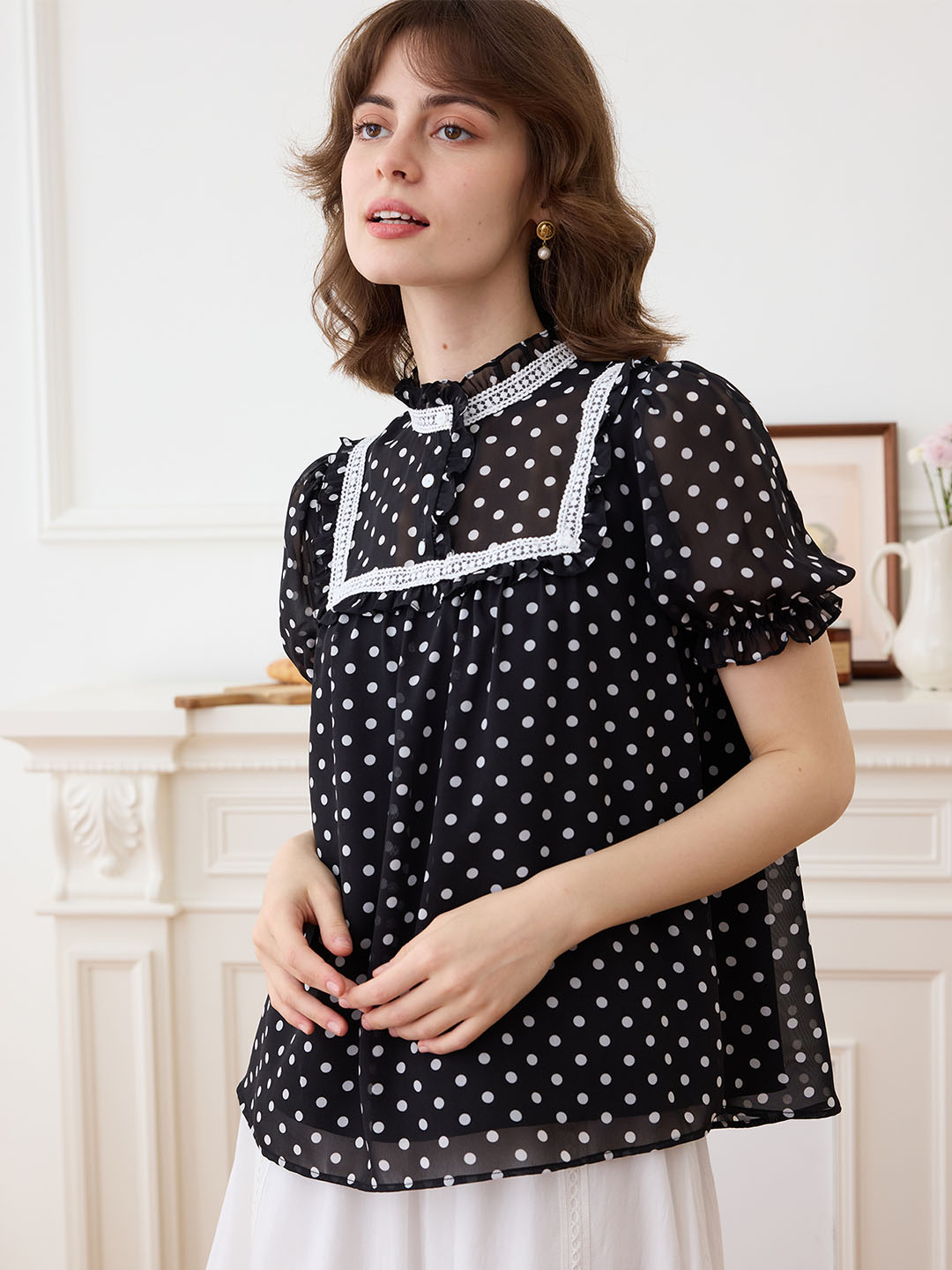 【Final Sale】Natasha Polka Dot Print Mock Neck Puff Sleeve Chiffon Blouse