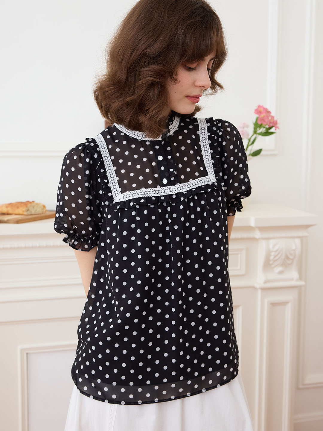 【Final Sale】Natasha Polka Dot Print Mock Neck Puff Sleeve Chiffon Blouse