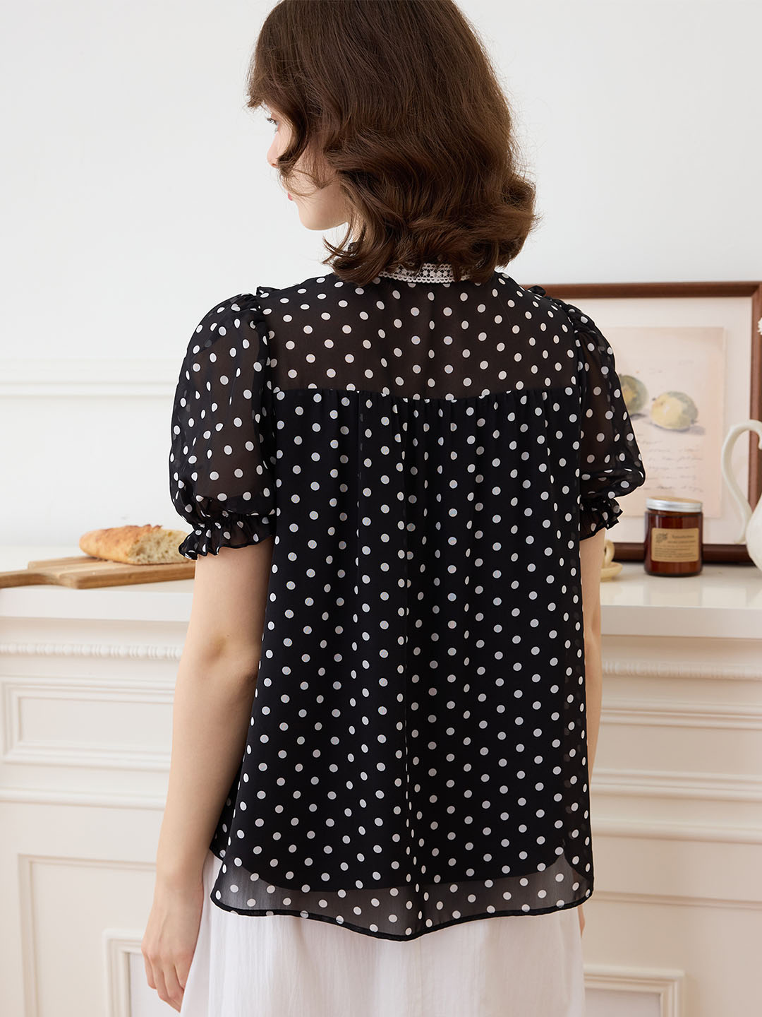 【Final Sale】Natasha Polka Dot Print Mock Neck Puff Sleeve Chiffon Blouse