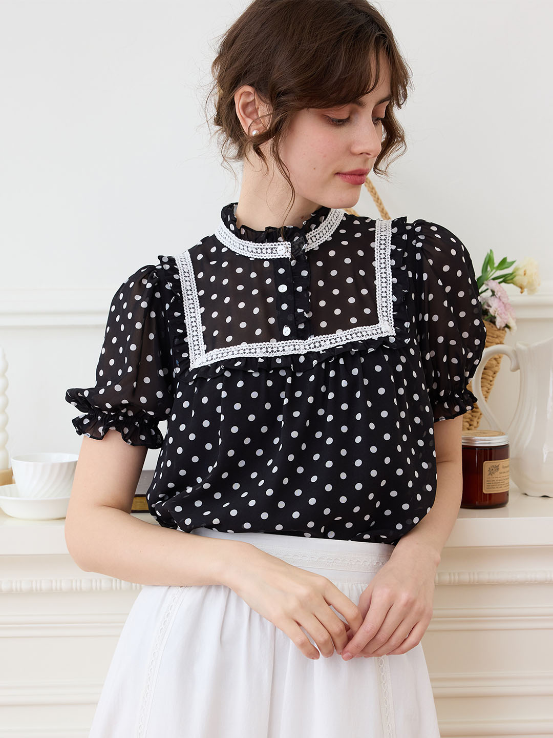 【Final Sale】Natasha Polka Dot Print Mock Neck Puff Sleeve Chiffon Blouse