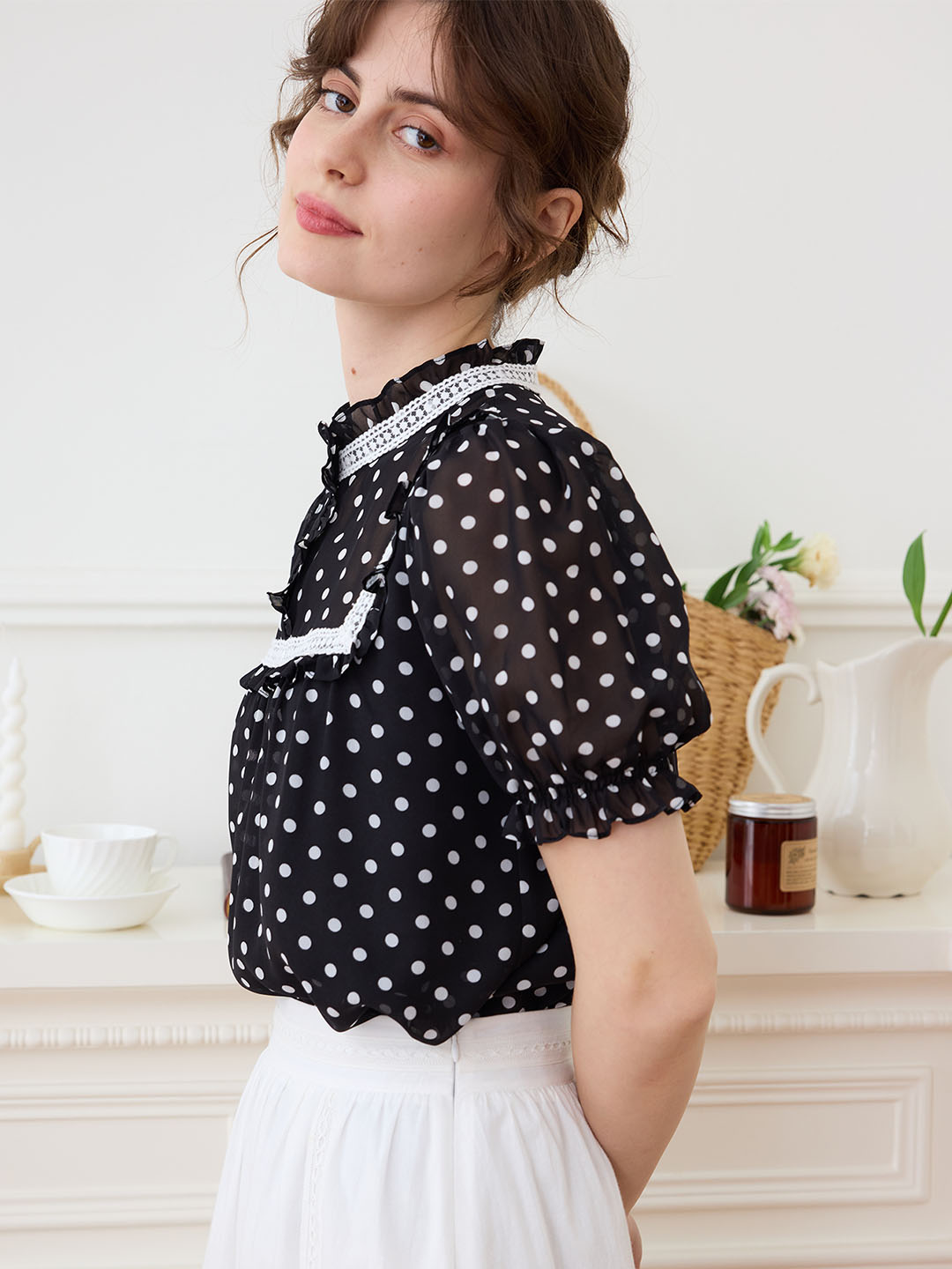 【Final Sale】Natasha Polka Dot Print Mock Neck Puff Sleeve Chiffon Blouse