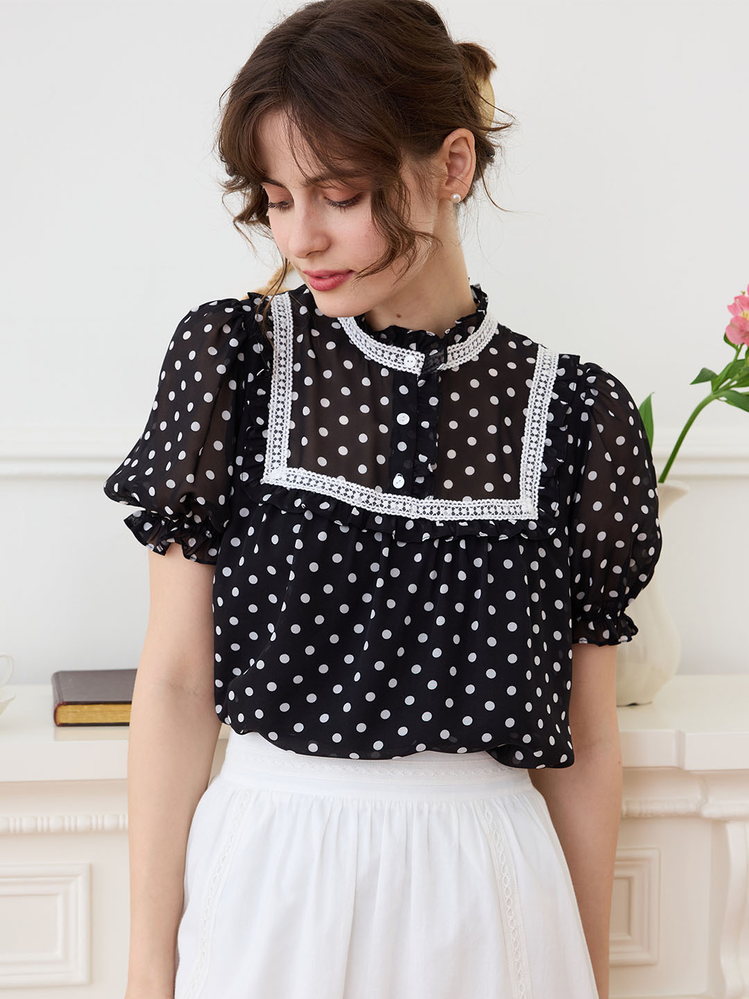 【Final Sale】Natasha Polka Dot Print Mock Neck Puff Sleeve Chiffon Blouse