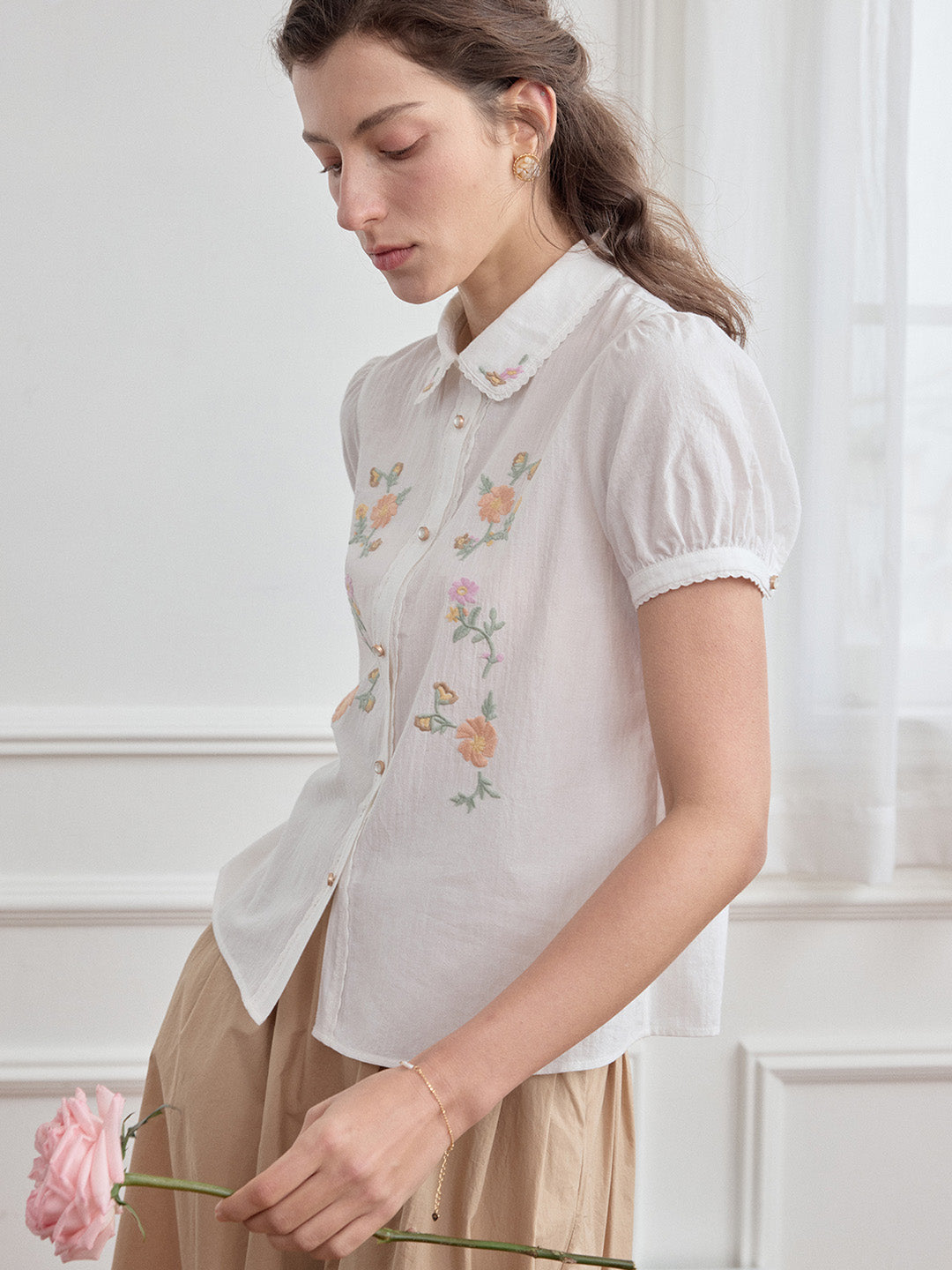 【Final Sale】Penelope Peter Pan Collar Embroidery 100% Cotton Blouse