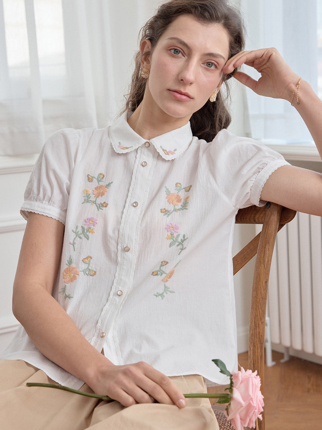 【Final Sale】Penelope Peter Pan Collar Embroidery 100% Cotton Blouse