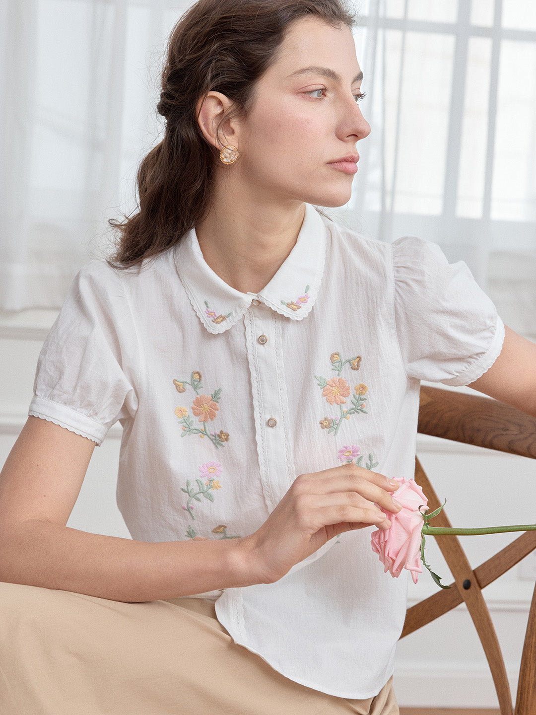 【Final Sale】Penelope Peter Pan Collar Embroidery 100% Cotton Blouse