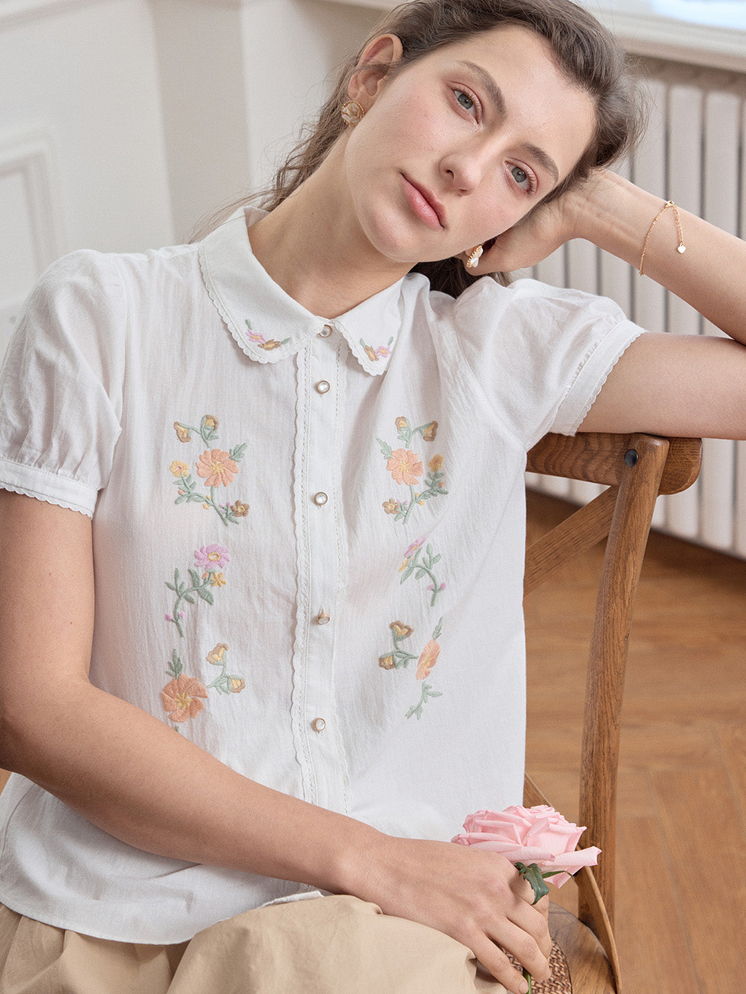 【Final Sale】Penelope Peter Pan Collar Embroidery 100% Cotton Blouse