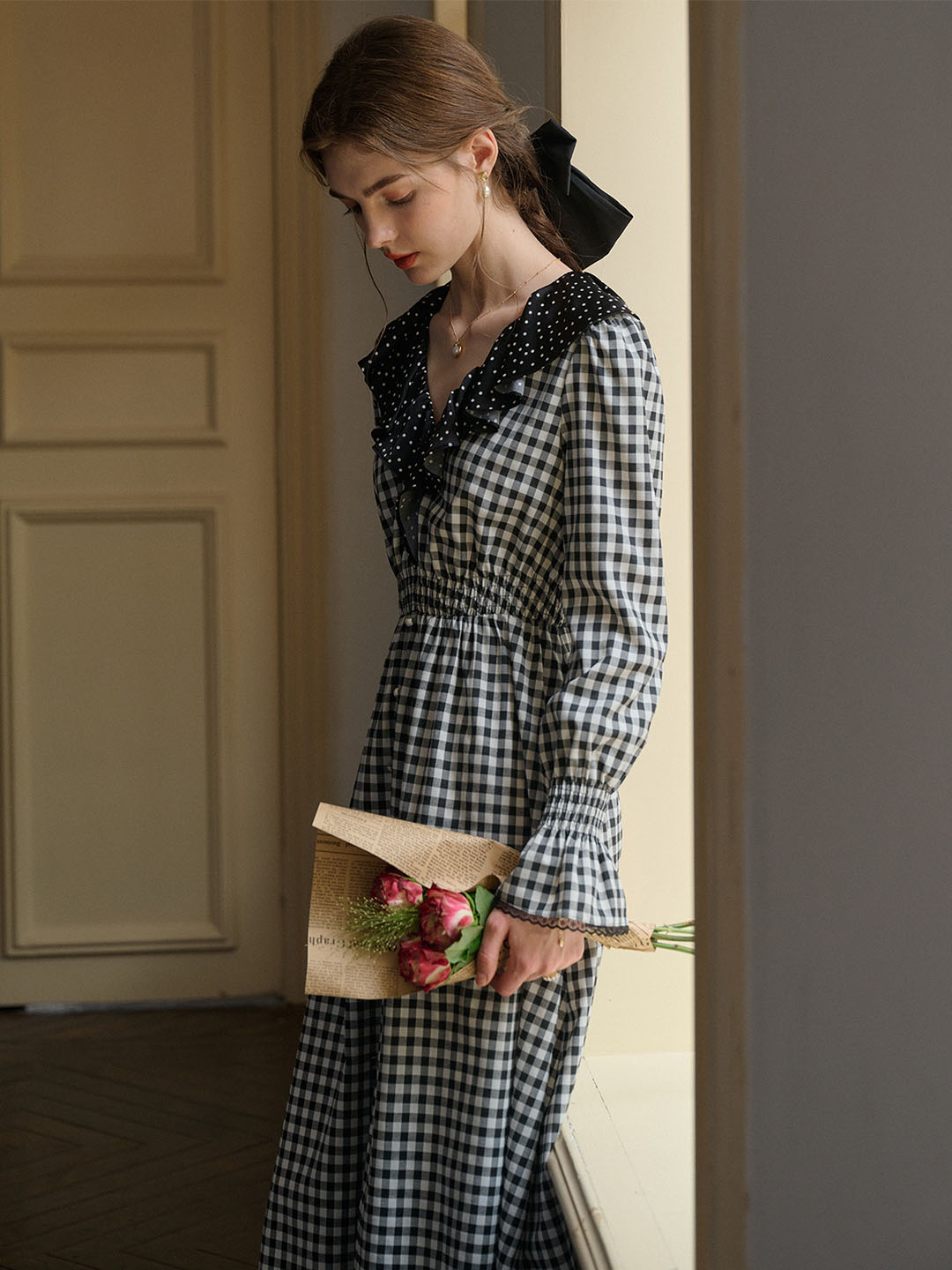 【Final Sale】Valerie V-neck Patchwork Ruffled Plaid Dress