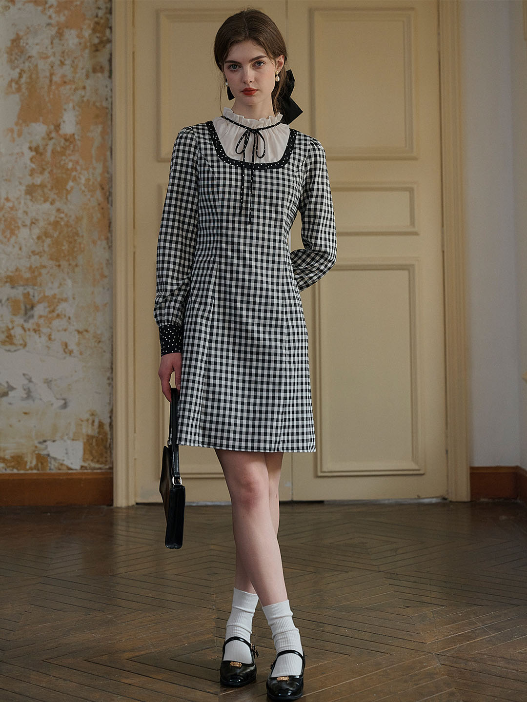 【Final Sale】Cecilia Bow Lace Mock Neck Contrast Dress