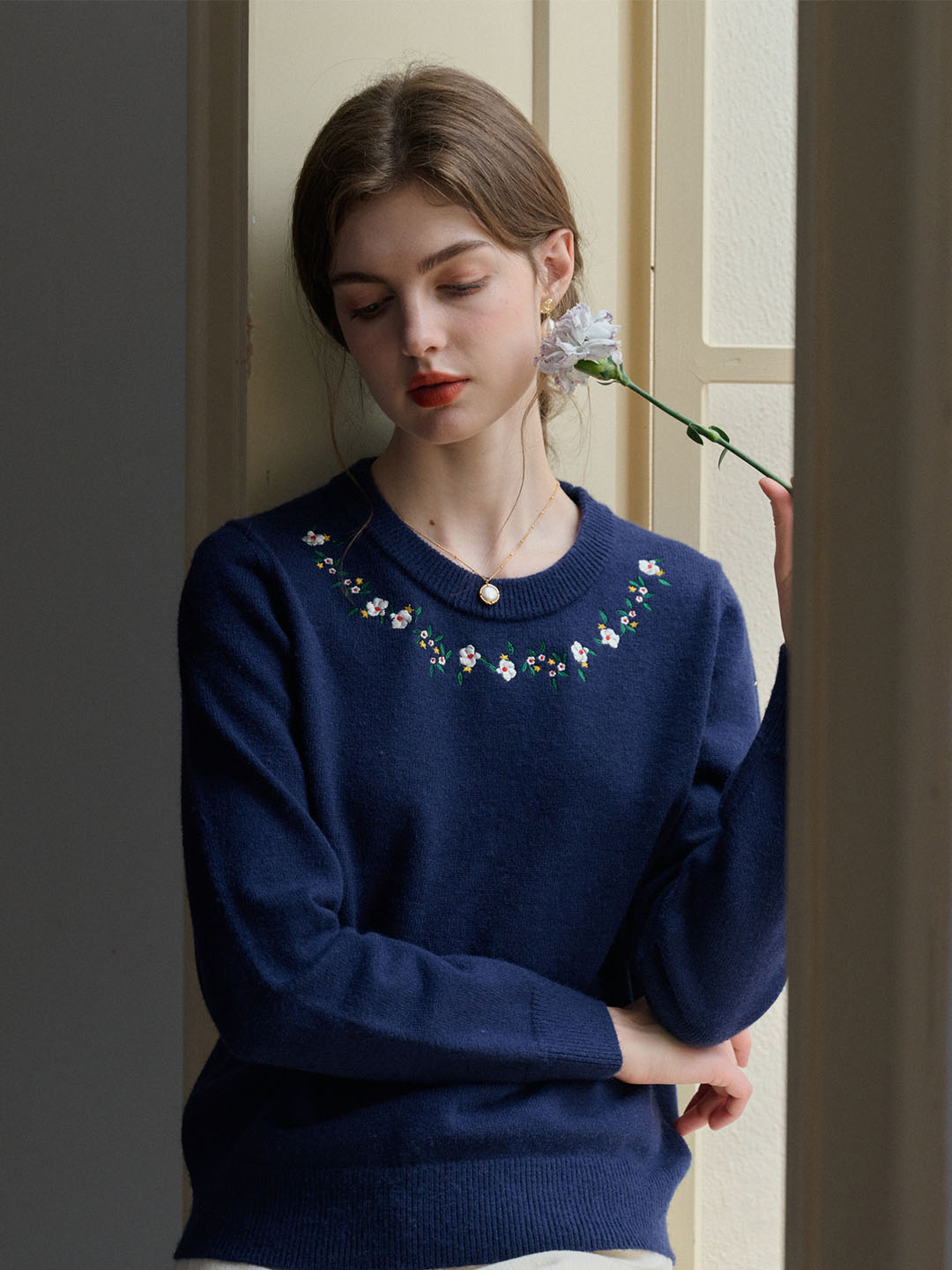 【Final Sale】Elsa Floral Embroidery Christmas Blue Knit Sweater