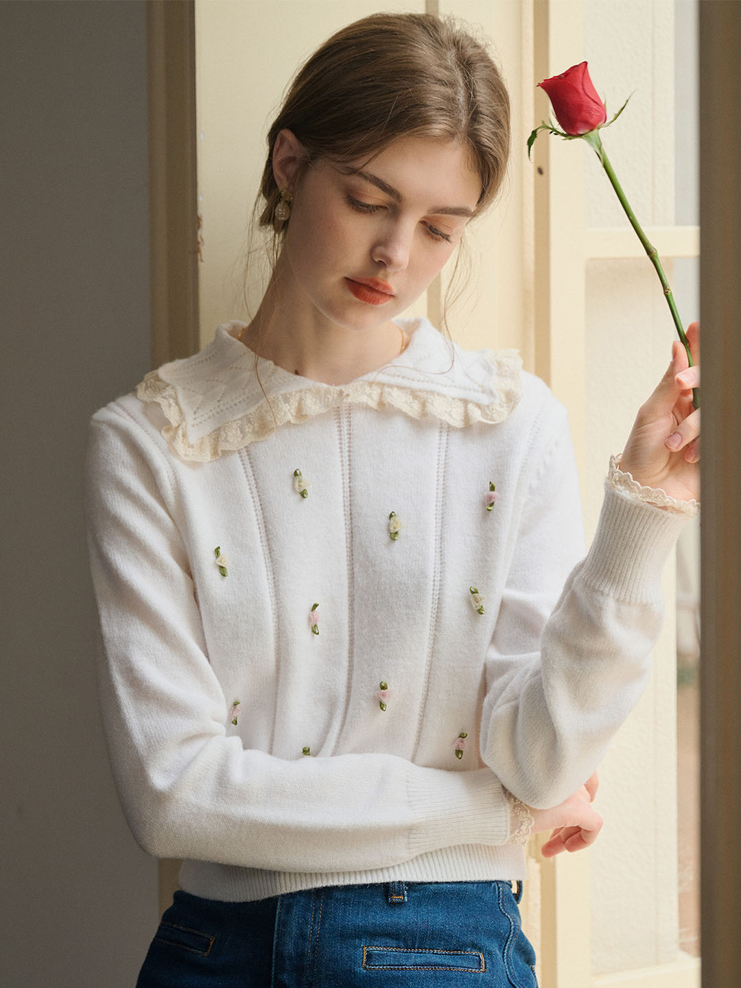 【Final Sale】Piper Floral Patched Frill Trim Sweater