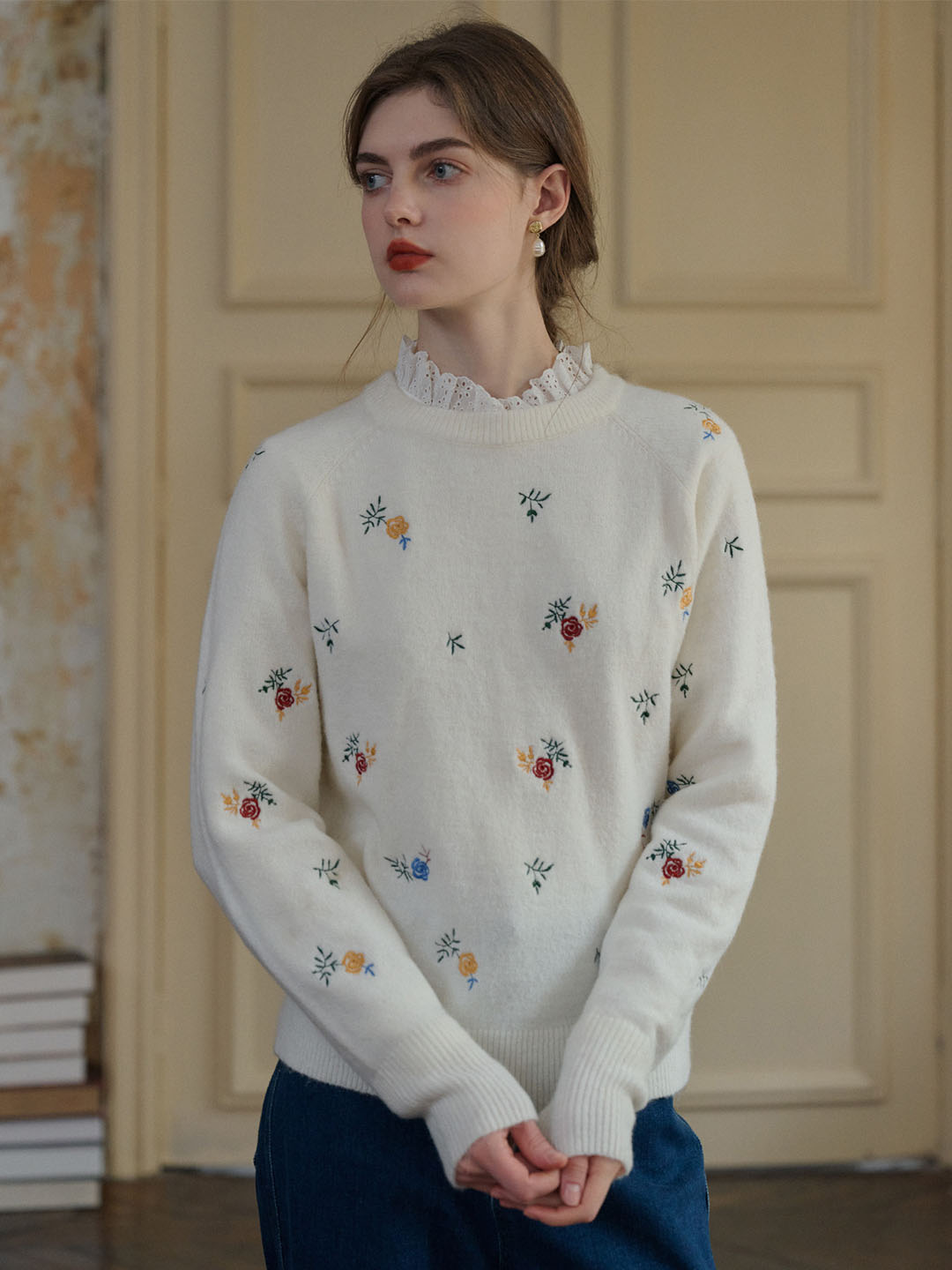 Melody Floral Embroidery Raglan Sleeve Sweater