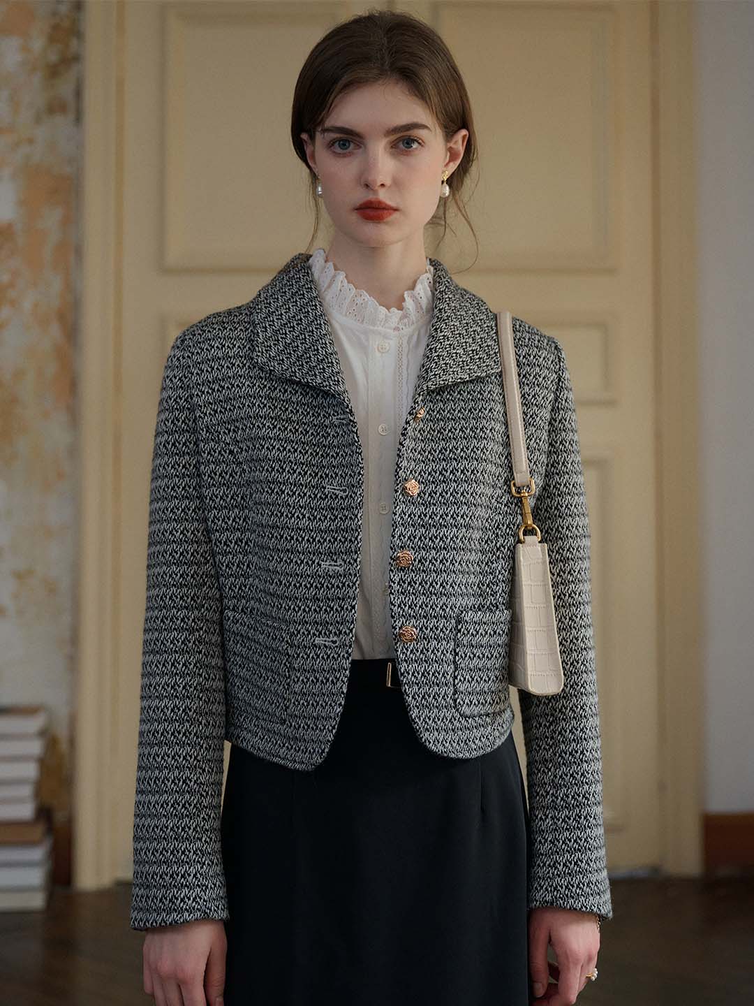 Sophia Simple Lapel Tweed Grey Jacket