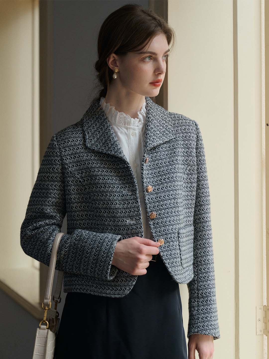 Sophia Simple Lapel Tweed Grey Jacket