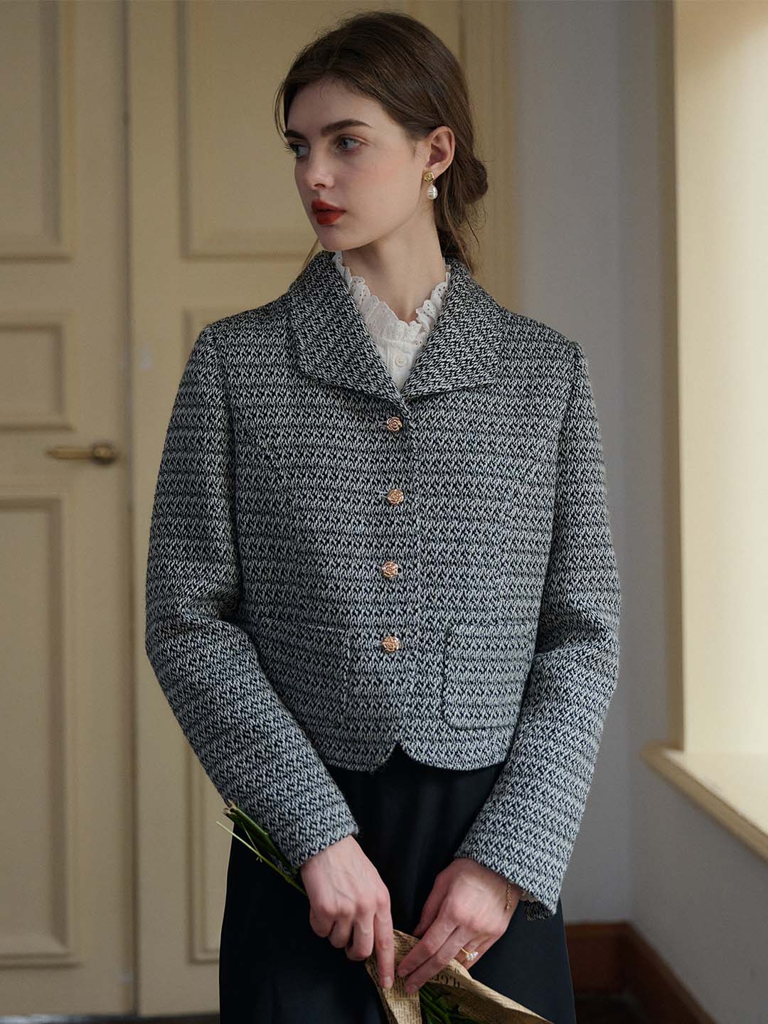 Sophia Simple Lapel Tweed Grey Jacket