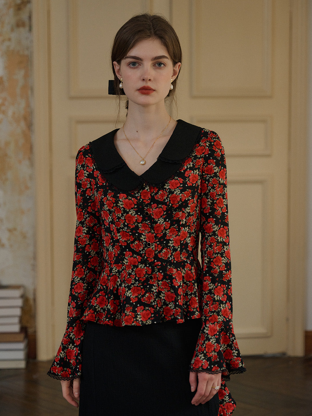 【Final Sale】Kamiyah Elegant Notched Lapel Contrasting Floral Blouse