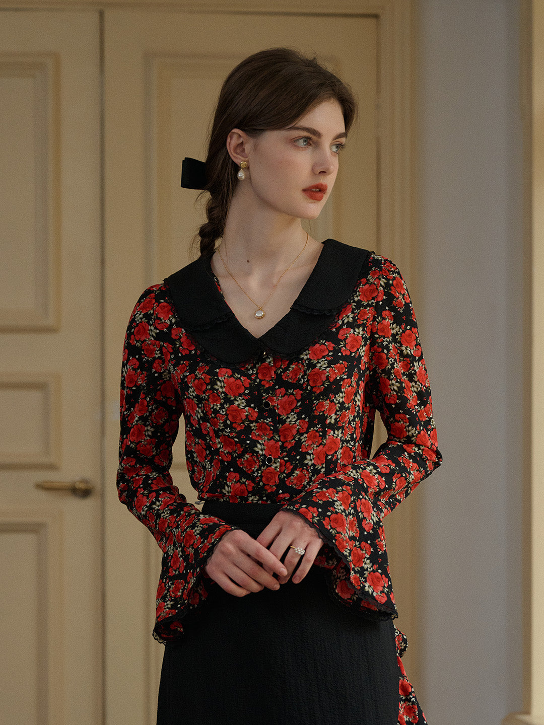 【Final Sale】Kamiyah Elegant Notched Lapel Contrasting Floral Blouse