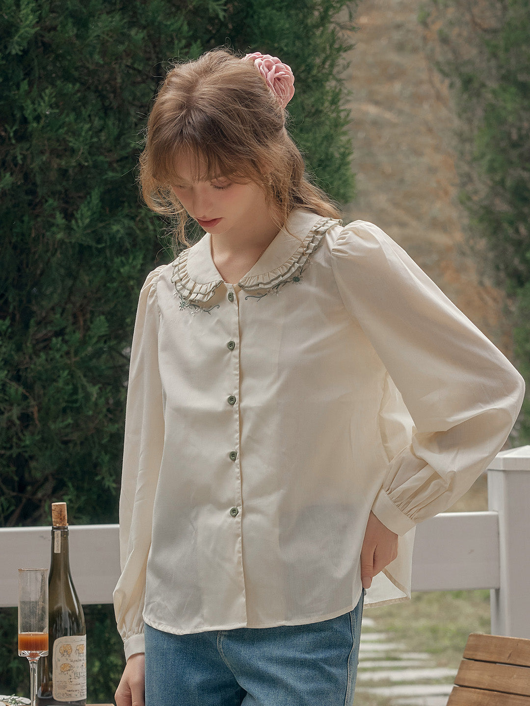 【Final Sale】Maren Peter Pan Collar Floral Embroidery Blouse - White