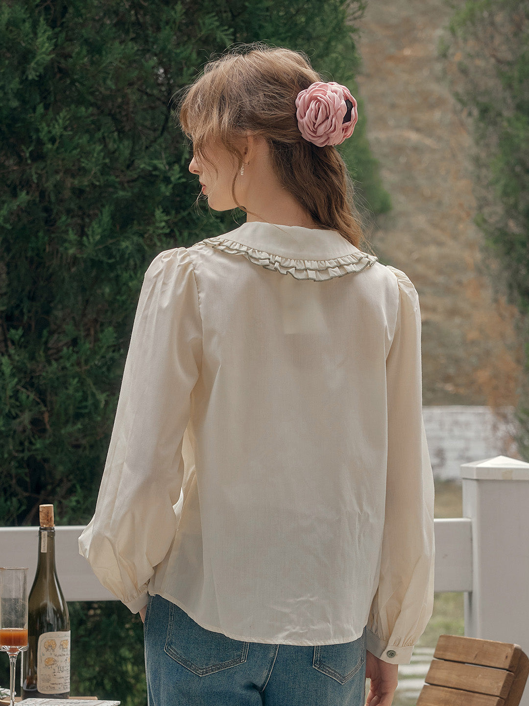 【Final Sale】Maren Peter Pan Collar Floral Embroidery Blouse - White