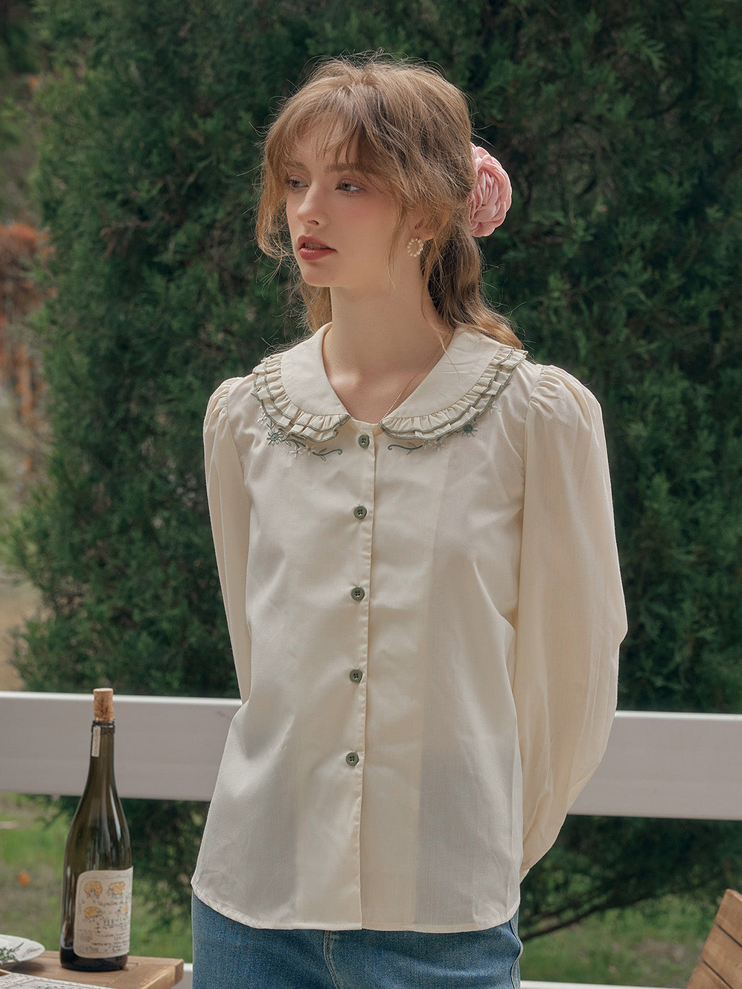 【Final Sale】Maren Peter Pan Collar Floral Embroidery Blouse - White