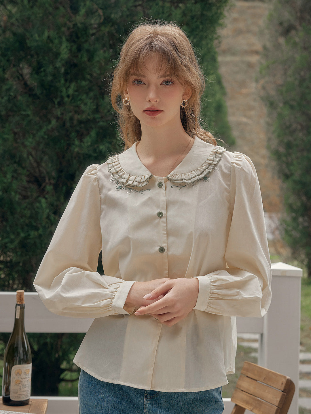 【Final Sale】Maren Peter Pan Collar Floral Embroidery Blouse - White