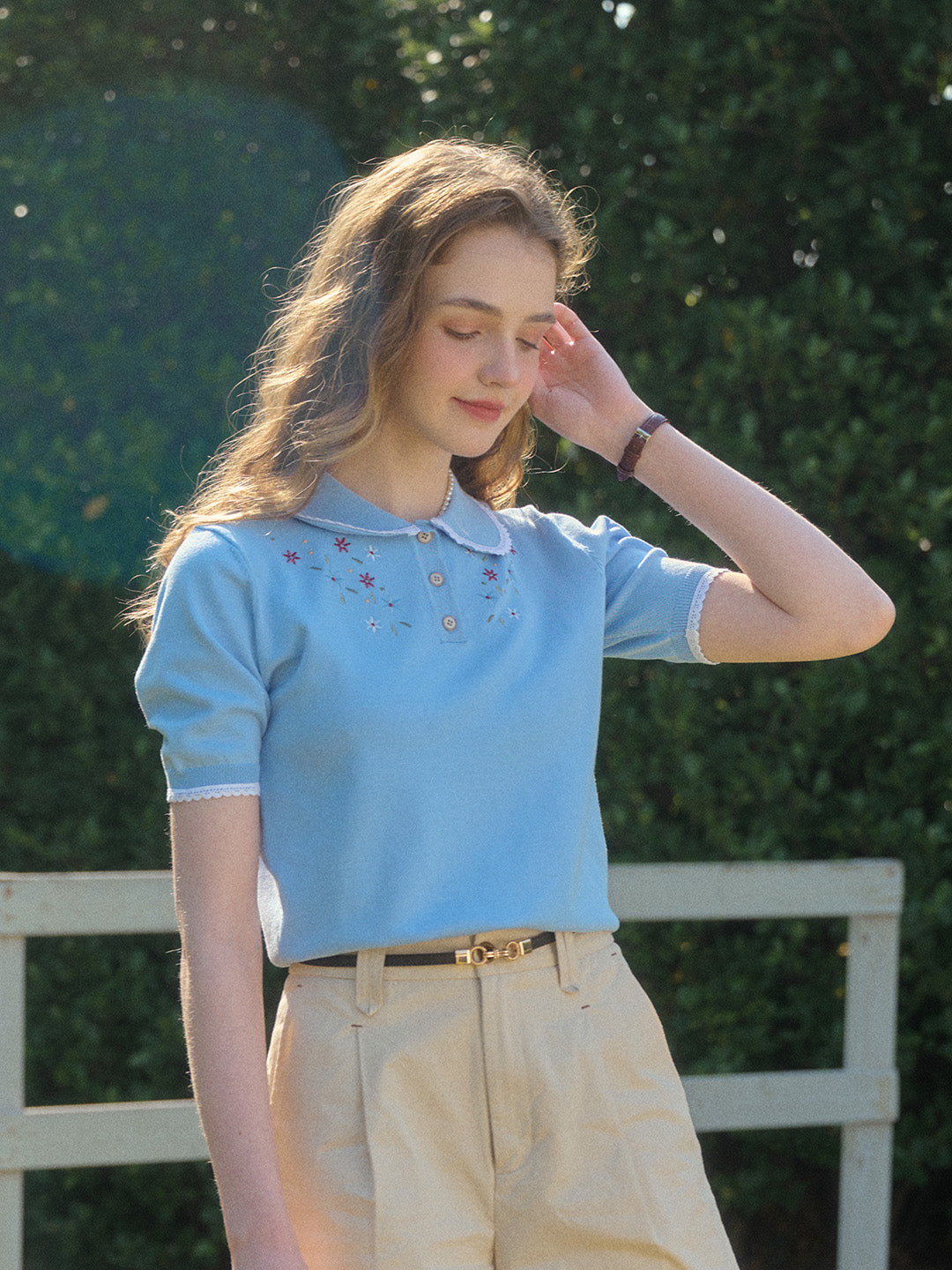 【Final Sale】Roselyn Notched Lapel Contrasting Trim Embroidery Top