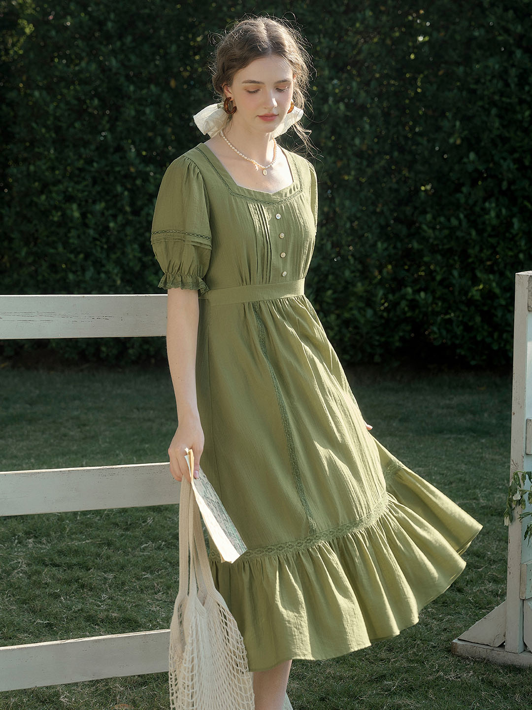 Serena Square Neck Puff Sleeve Lace Hollow Dress- Olive Green