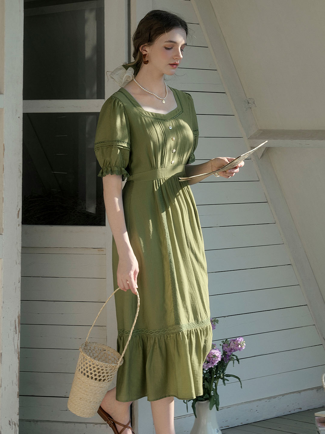 Serena Square Neck Puff Sleeve Lace Hollow Dress- Olive Green