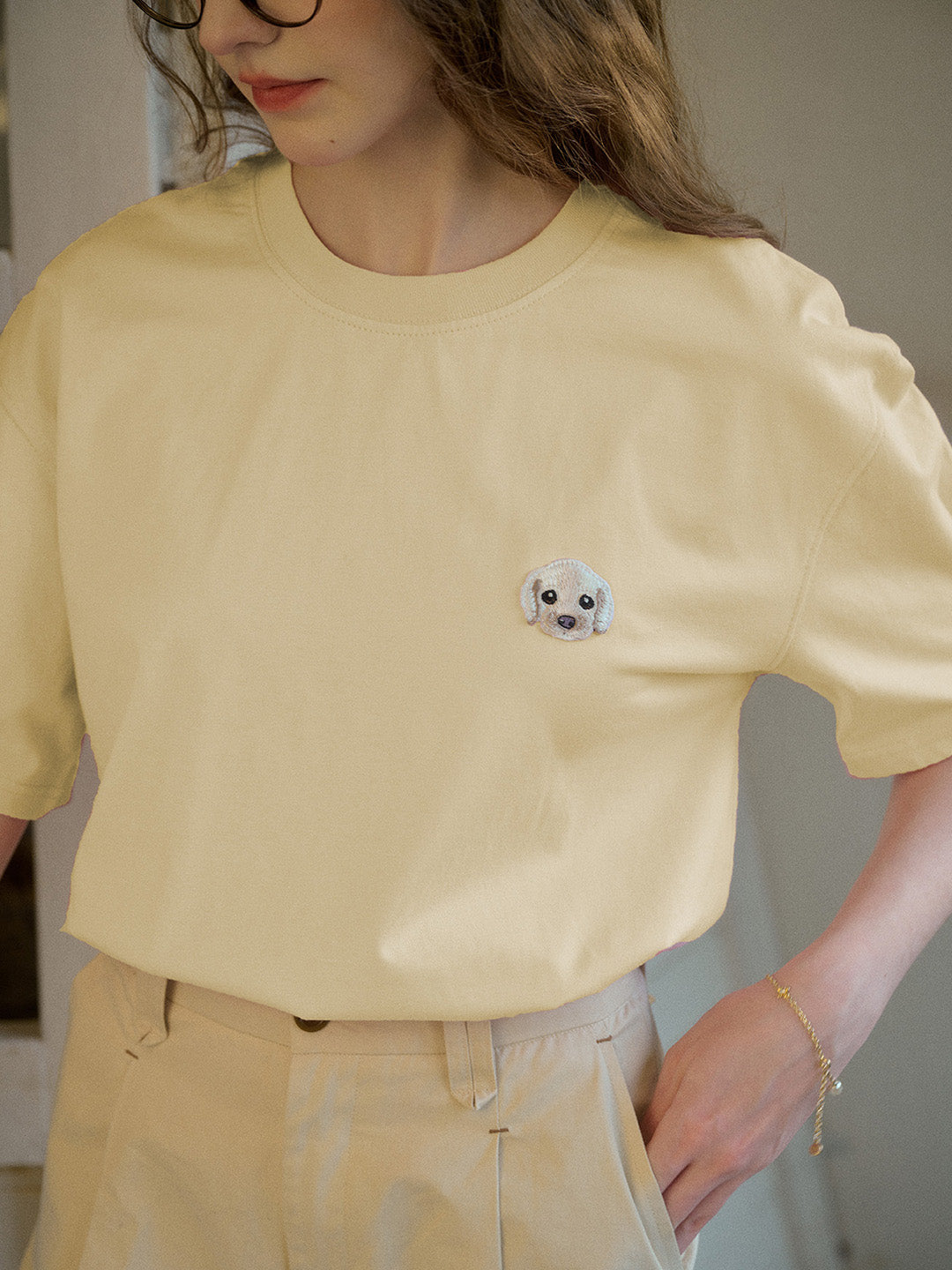 【Final Sale】Journey Puppy Applique Round Neck Short Sleeve Casual T-Shirt - Yellow