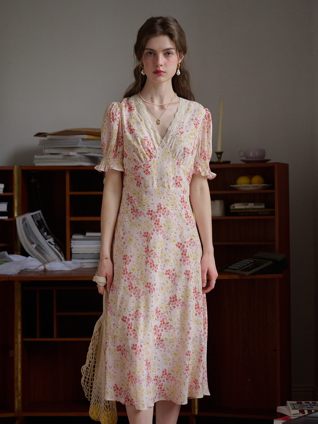 【Final Sale】Stormi Charming V-neck Lace Trimmed Floral Print Dress - Orange