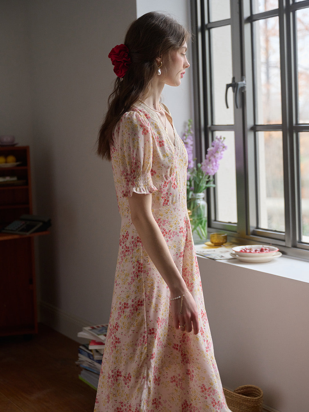 【Final Sale】Stormi Charming V-neck Lace Trimmed Floral Print Dress - Light Green